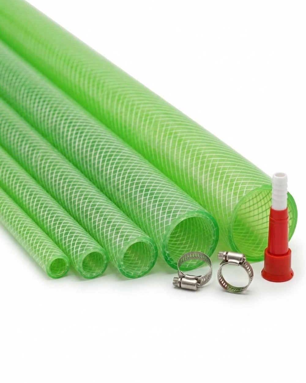 Green braided garden pipe with clips and a nozzle