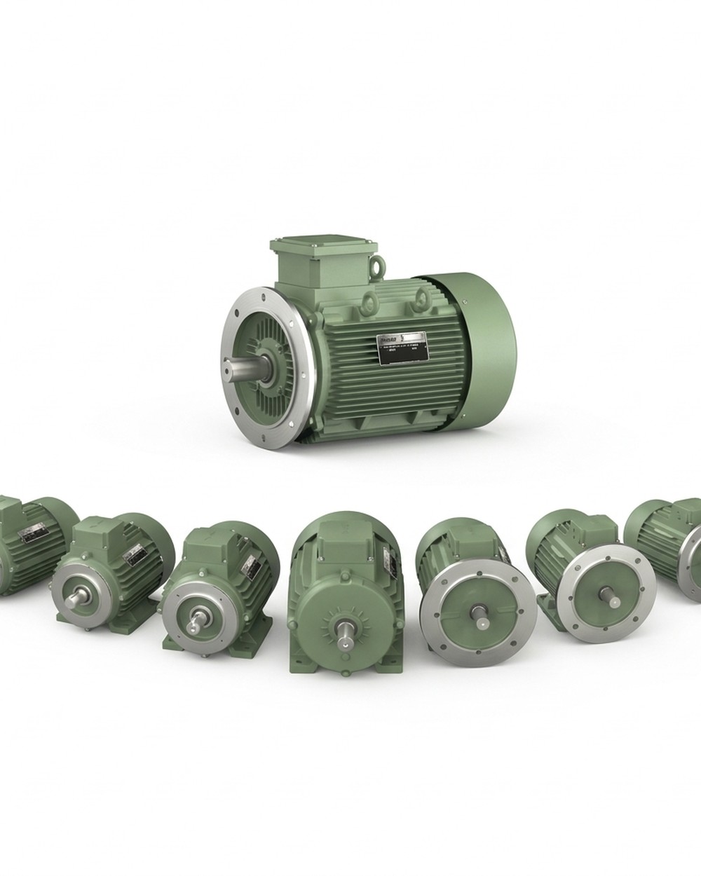 A foot-mounted induction motor with the rest of the range behind it