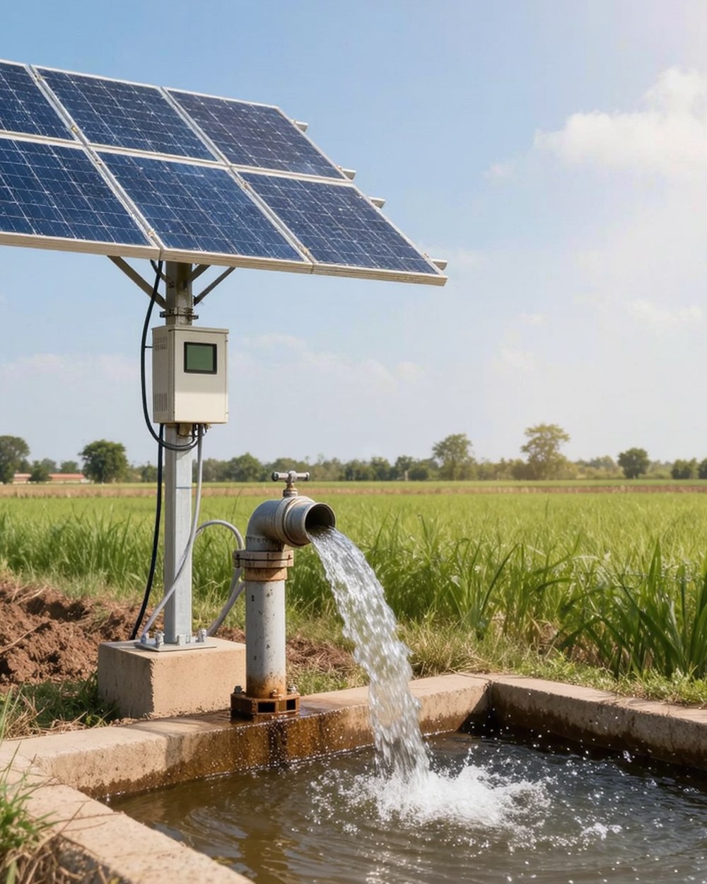A solar panel powering a borewell pump in a field
